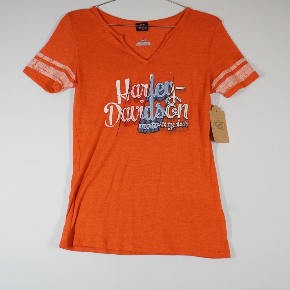 Harley Davidson Nashville TN Graphic V-Neck T-Shirt Orange Womens Medium 2192